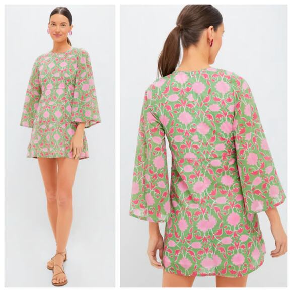 SZ Blockprints Dresses & Skirts - SZ Blockprints Floral Mini Dress Pink Green Block Print Boho Shift L NWT